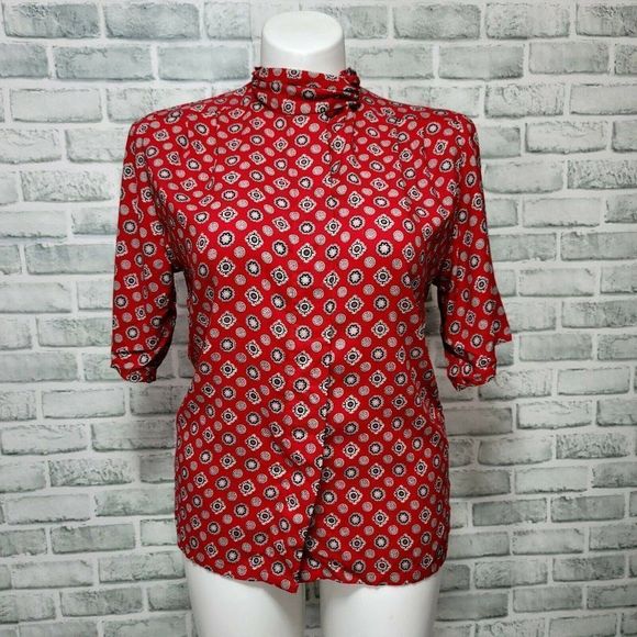 Vintage 90s Pendleton Womens 10 Red Mandala Pattern S/S Button Down Mock Neck‎ - Picture 1 of 9